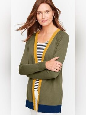 Talbots Color Block Girlfriend Cardigan Olive Green Size 1XP
